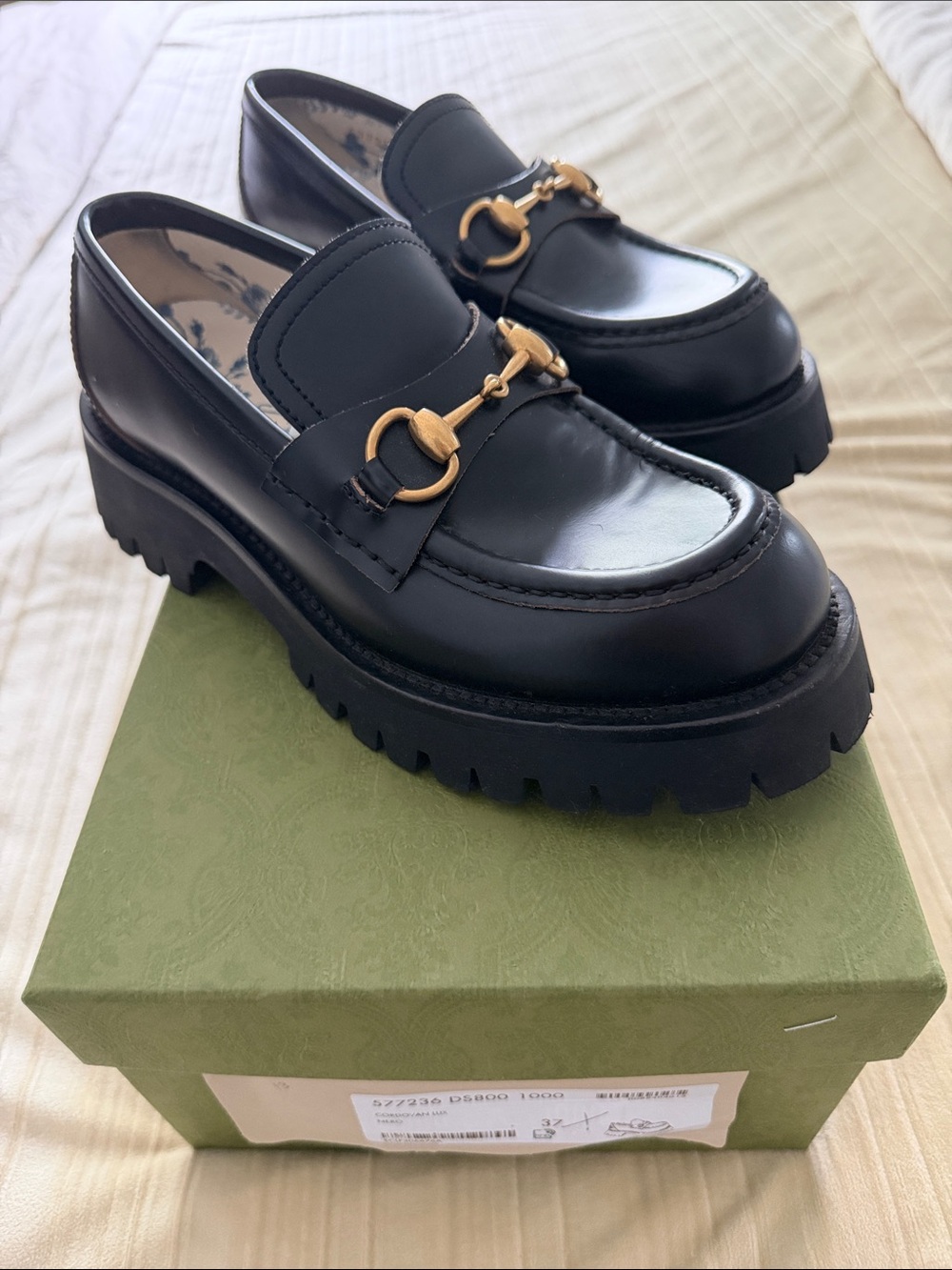 Gucci Black Leather Lug-Sole Horsebit Loafers with Gold Hardware - Picture 4 of 9